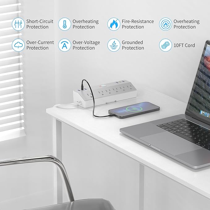 Desk Clamp Power Strip with 40W Fast Charging USB-C, JXGUCAT 10Ft Desk Mount Surge Protector with 6 Outlets 6 USB Ports, Flat Plug Extension Cord Home Office Essentials, Fit 2.48" Tabletop Edge