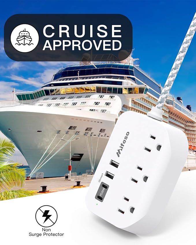 Dorm Essentials, PD20W USB Power Strip, 5Ft Flat Extension Cord with Multiple Outlets, USB Charging Station with Non Surge Protector for Cruise Ship, Travel, Cruise Ship Essentials