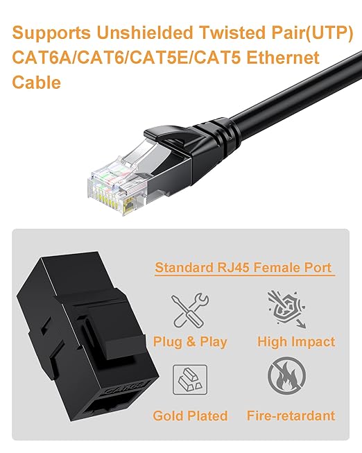 40 Pack CAT6A RJ45 Keystone Couplers, Ethernet Keystone Jack Female to Female RJ45 Couplers UTP for Cat6a/Cat6/Cat5e/Cat5 Network Cable Black
