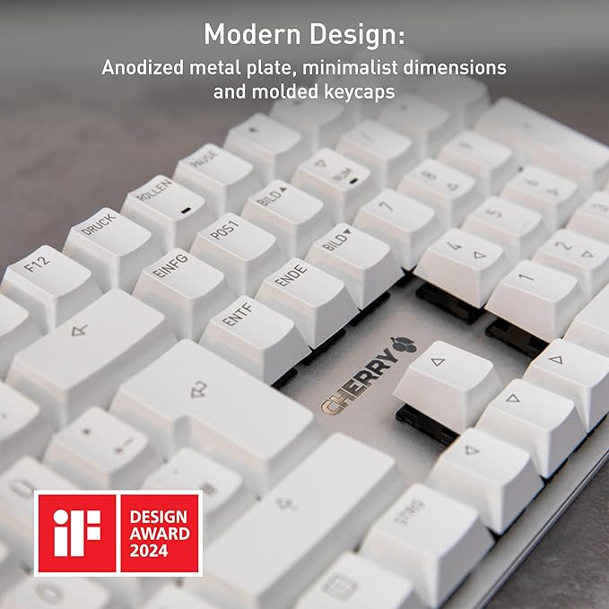 Cherry KC 200 MX, Wired Mechanical Office Keyboard, Modern Design with Elegant Aluminum Surface, USB-A Connection, MX2A Silent RED Switches, White/Silver