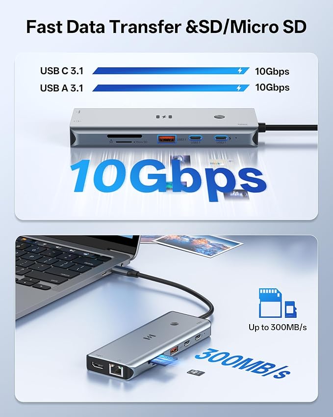 USB C Docking Station 3 HDMI, Selore 12-in-1 Docking Station 3 Monitors with Triple HDMI, 10Gbps USB A/C 3.1, 100W PD Charging, Gigabit Ethernet, SD/microSD Card Reader for Dell/HP/Lenovo Laptops