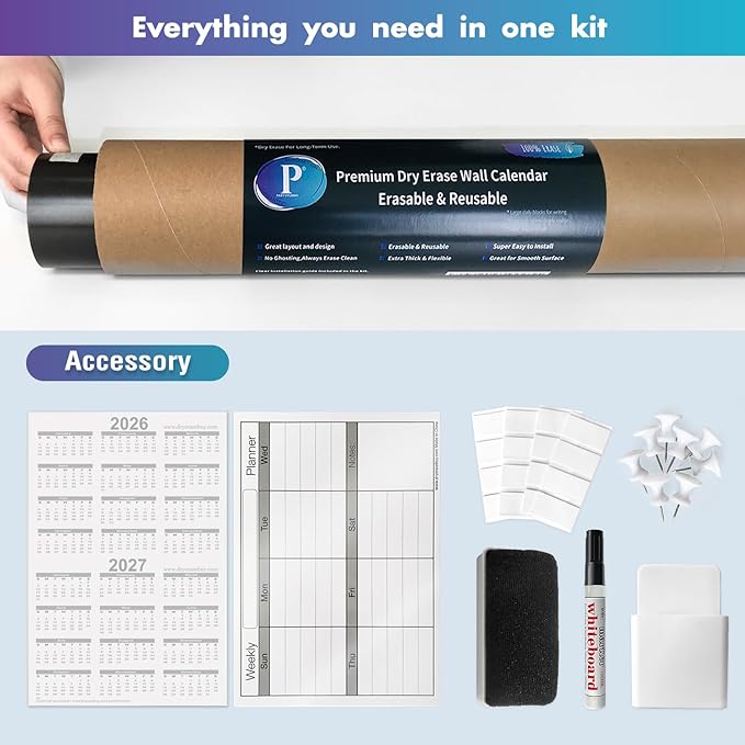 Magnetic-Receptive Dry Erase Monthly Extra Large White Board Calendar for Wall 38x50, Big Whiteboard Calendar with Iron Sheet Backing-Works with Magnetic Markers Eraser, Giant Blank Poster with Square