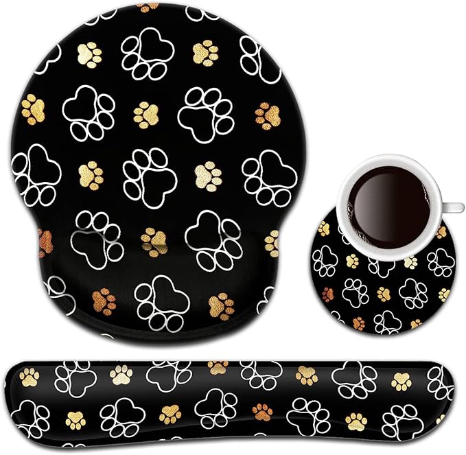Keyboard Wrist Rest and Mouse Pad with Wrist Support, Ergonomic Gel Mouse Pad Coaster for Easy Typing Pain Relief, Memory Foam Keyboard Mousepad Set,Cute Dog Paw Prints Gold White