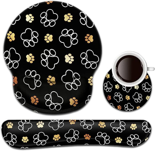 Keyboard Wrist Rest and Mouse Pad with Wrist Support, Ergonomic Gel Mouse Pad Coaster for Easy Typing Pain Relief, Memory Foam Keyboard Mousepad Set,Cute Dog Paw Prints Gold White