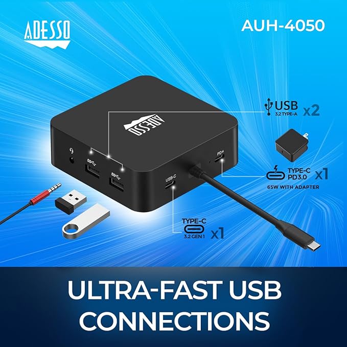 Adesso USB C Docking Station Multiport Adapter Type C Hub 2 HDMI Support 4K, VGA, RJ45 Ethernet Port, 65W PD Charging, 2*USB, SD/TF Card Reader, 3.5mm Audio Jack (TAA Compliant)