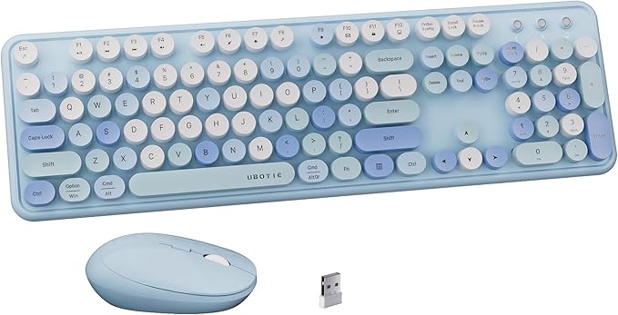 x UBOTIE Colorful Wireless Keyboard and Mouse Combo, Full-Sized Office Keyboard with Typewriter Flexible Keys, 2.4GHz Dropout-Free Connection, Optical Mouse for PC Laptop(Blue Colorful)