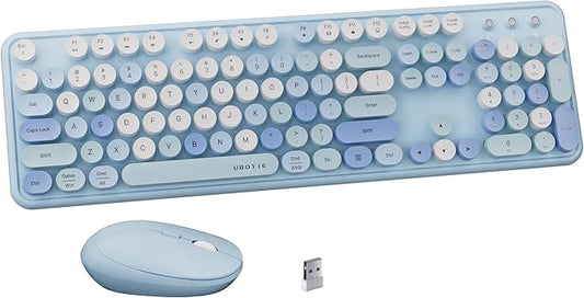 x UBOTIE Colorful Wireless Keyboard and Mouse Combo, Full-Sized Office Keyboard with Typewriter Flexible Keys, 2.4GHz Dropout-Free Connection, Optical Mouse for PC Laptop(Blue Colorful)