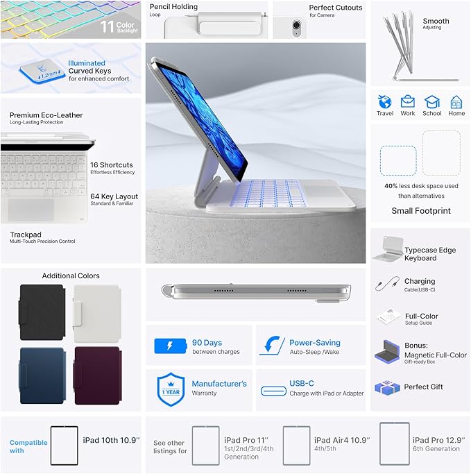typecase Edge Keyboard Case for iPad 11th Gen A16 (2025) & 10th Gen 10.9" (2022) – Multi-Touch Trackpad, 11-Color Backlit Magic-Style Keyboard – Floating Magnetic Stand, Pencil Holder – Ivory White