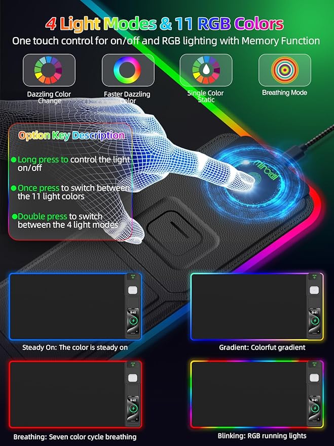 Mouse Pad with Foldable Phone Holder & Wireless Charger, XXL RGB Gaming Mousepad 31.5"x15.8" Large Desk Mat for Keyboard, Black Desk Pad with Dual Qi Charging Station | 11 Colors 5 Modes | Waterproof