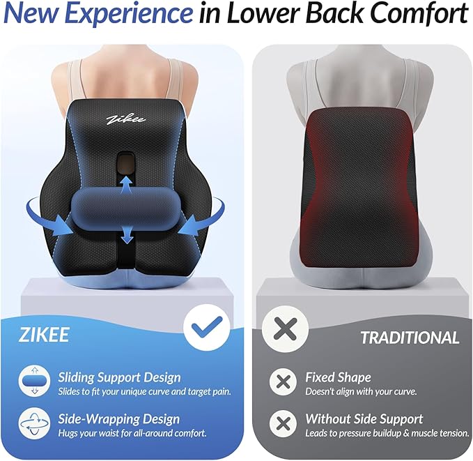 ZIKEE Adjustable Lumbar Support Pillow for Office Chair with Sliding Design for Precise Pain Relief & Support, Ergonomic Lumbar Pillow Improves Posture, Back Support Pillow for Office, Car, Home