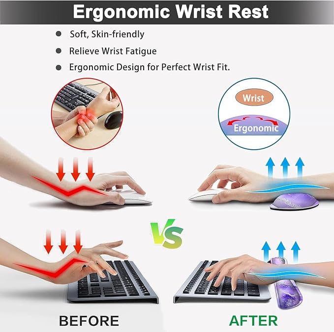 Large Mouse pad and Keyboard Support Set, Ergonomic Memory Foam Keyboard Wrist Rest, Extended Gaming Mouse Pad with Stitched Edges, Purple Glitter Agate XXL Desk Mat (31.5 X 11.8 in)