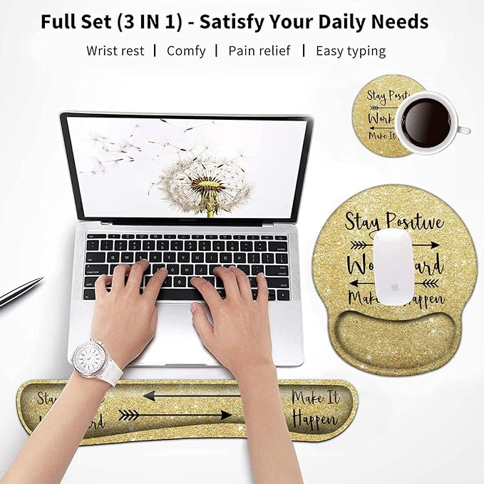 Keyboard Wrist Rest and Mouse Pad with Wrist Support, Ergonomic Gel Mouse Pad Coaster, Easy Typing Pain Relief,Keyboard Mousepad Set,Stay Positive Work Hard and Make It Happen Gold Glitter