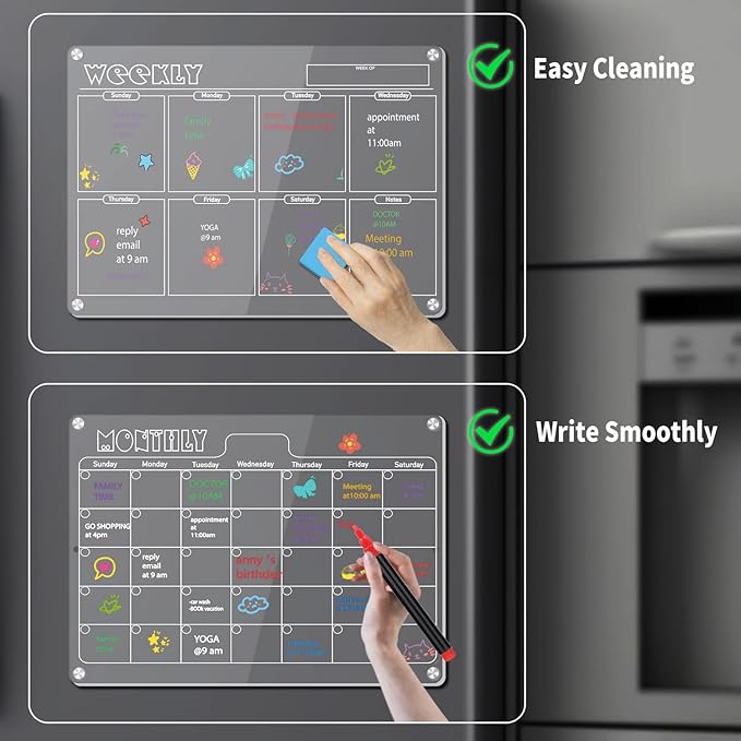 Hivillexun 16.5"x12" Clear Acrylic Magnetic Dry Erase Calendar Board with Monthly & Weekly Planner, 6 Markers & Large Eraser for Fridge, Office, Home (White)
