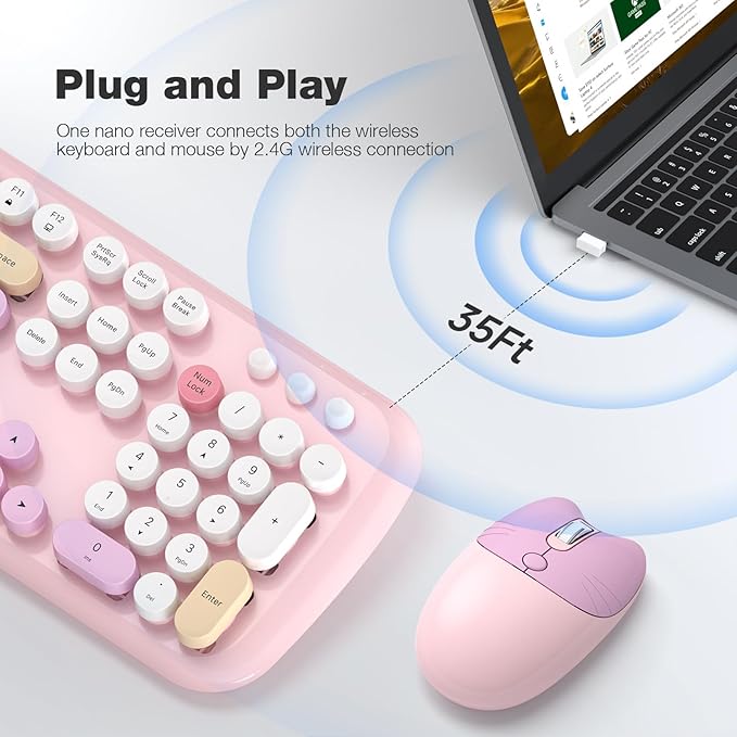 Retro Wireless Keyboard and Mouse Combo, SQMD Full-Size Office Typewriter Keyboard with Round Colorful Keycaps, 2.4G Cute Quiet Mouse for Windows PC, Home, Office, and College - Pink