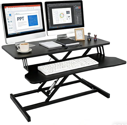 Standing Desk Converter, Height Adjustable Sit to Stand Riser, Dual Monitor and Laptop Workstation with Wide Keyboard Tray, Desk Lifter for Home Office