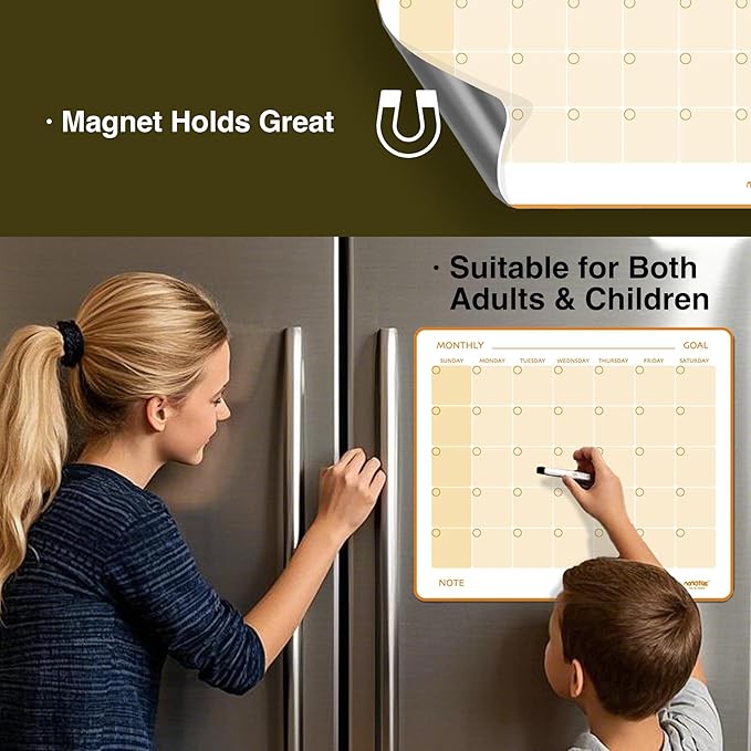 Magi - Magnetic Dry Erase Monthly Calendar - 14 x 12 inch - Family Month Planing Board - Reusable Fridge Magnet Whiteboard Planner - w Marker