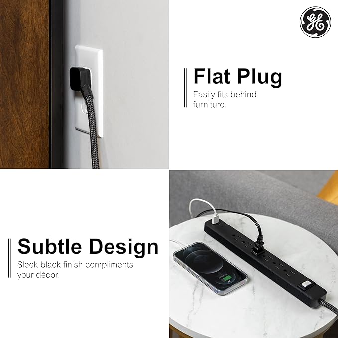 GE 6-Outlet Power Strip with USB, 1 USB-A, 1 USB-C, Outlet Extender, 6 Ft Braided Extension Cord, Flat Plug, Charging Station, Black, 82595
