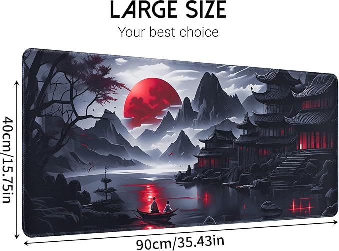 Black Mouse Pad Gaming Keyboard Pad 35.4 x 15.7 in Computer Mouse Pad Anime Gaming Mousepad, Expanded Architecture Cool Desk Pad, Japanese Red Moon Large MousePads Suitable for Home Office