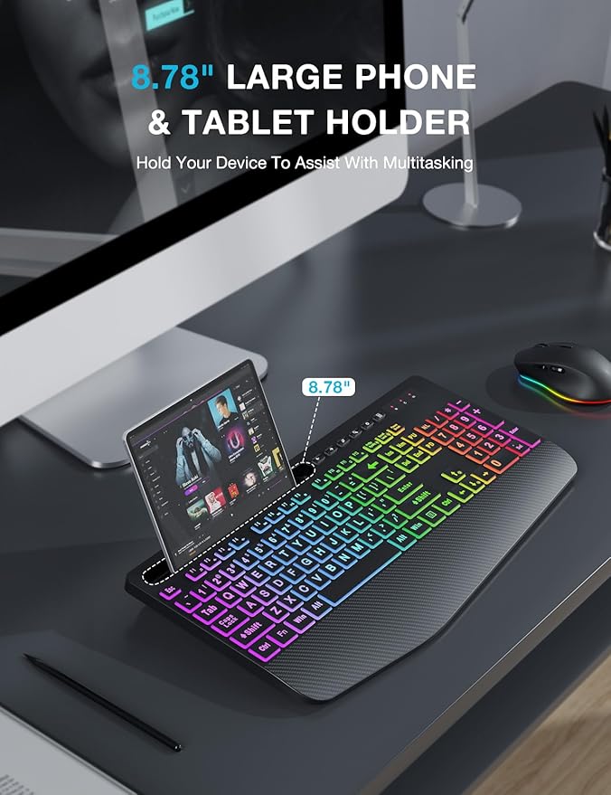 SABLUTE Wireless Keyboard and Mouse Combo, 9 Backlit Effects, Large Print, Wrist Rest, Phone Holder, 2.4G Lag-Free Ergonomic Keyboards, KM22 MAX Rechargeable Easy to See Set for Computer, Laptop, PC