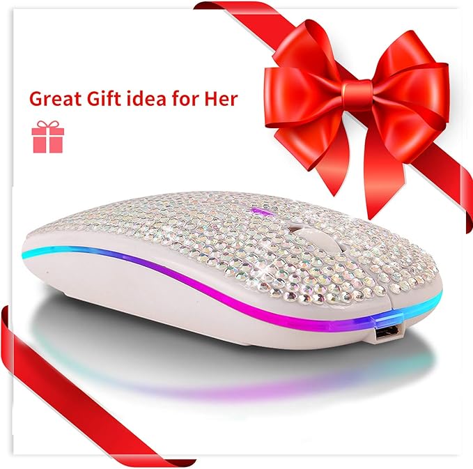 Bluetooth Mouse,Bling Dazzling 2.4GHz Rechargeable Wireless Mouse Slim Mouse with USB Receiver, Compatible with Notebook, PC, Laptop, Computer, MacBook,Great Present idea for Her (White)