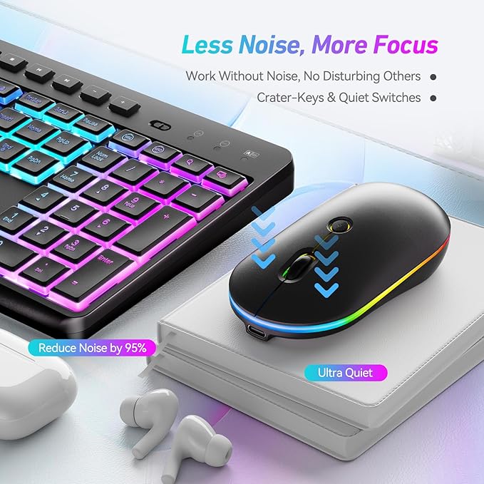 Wireless Keyboard and Mouse Combo with Backlit,2.4Ghz Rechargeable Light Up Keyboard Mouse with Phone Tablet Holder,11 Shortcut Keys,Silent 22 RGB Backlit Mouse,Quiet Click for Computer,PC,Mac,Windows