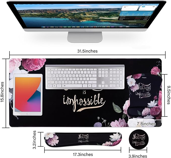 MEGREZ 4-in-1 Ergonomic Memory Foam Wrist Rest Set, Desk Pad, Mouse Pad with Wrist Rest, Keyboard Pad, Suitable for Office Workers, Programmers & Gamers–Relieve Typing & Gaming Fatigue, Black