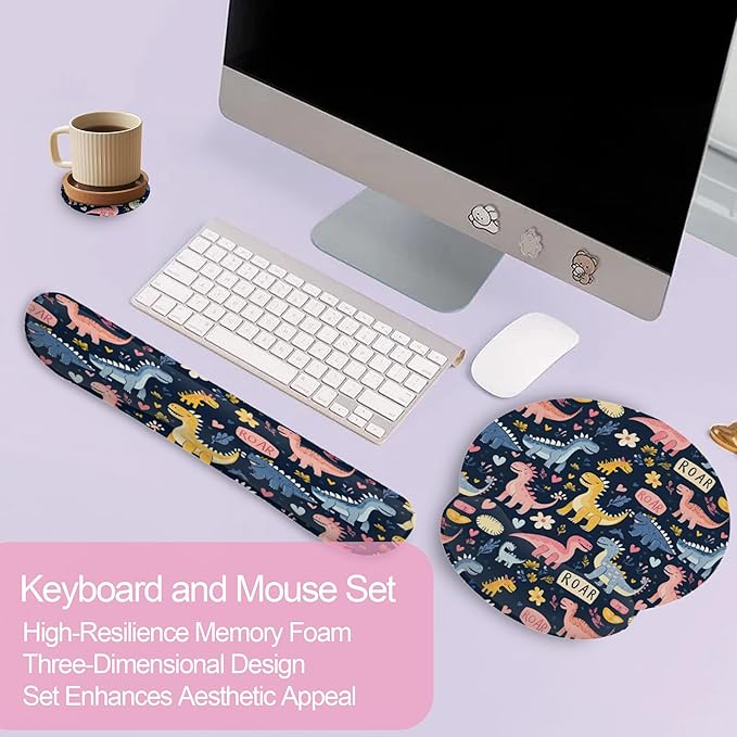 Cute Dinosaur Mouse Pad with Wrist Rest Set, 3-in-1 Wrist Support Mousepad Set, Gaming Mat Pad with Anti-Skid Base,Ergonomic Memory Foam Mouse Pad Set for Women, Office, Typing, Gaming