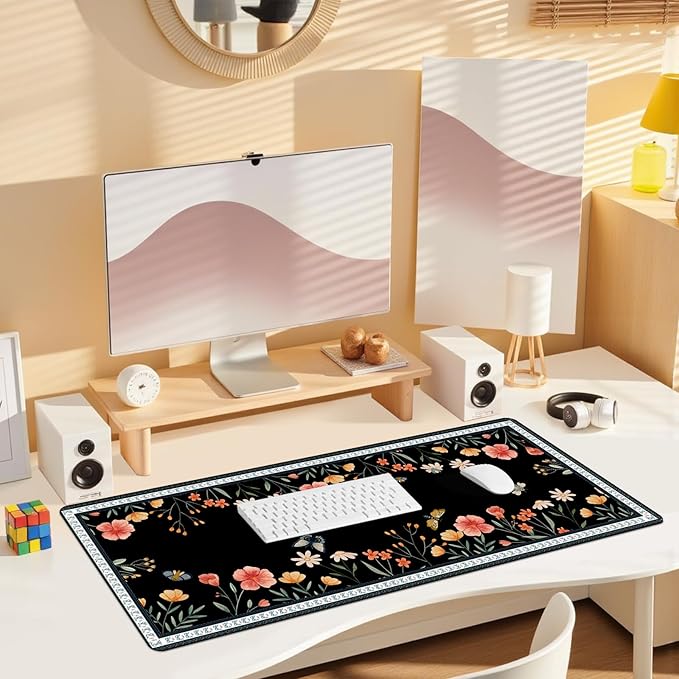 Desk Pad for Keyboard and Mouse, Large Mouse Pad for Desk, Non-Slip Keyboard Mat, Computer Mats for Desk, Cute Desk Pad with Stitched Edges for Office, Gaming I Black Butterflies Flowers