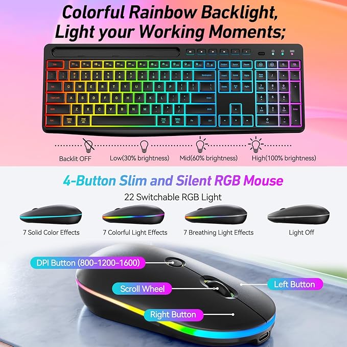 Wireless Keyboard and Mouse Combo with Backlit,2.4Ghz Rechargeable Light Up Keyboard Mouse with Phone Tablet Holder,11 Shortcut Keys,Silent 22 RGB Backlit Mouse,Quiet Click for Computer,PC,Mac,Windows