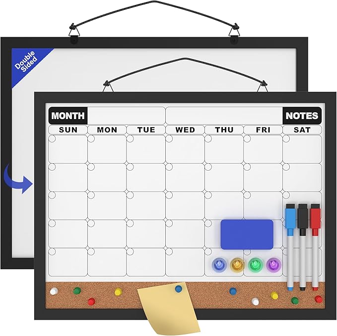 Monthly Calendar Dry Erase Board 16x12 Inch, Double-Sided Whiteboard and Corkboard Combo with Black MDF Frame, Wall Mounted Planner with Markers, Magnets, Push Pins, Eraser
