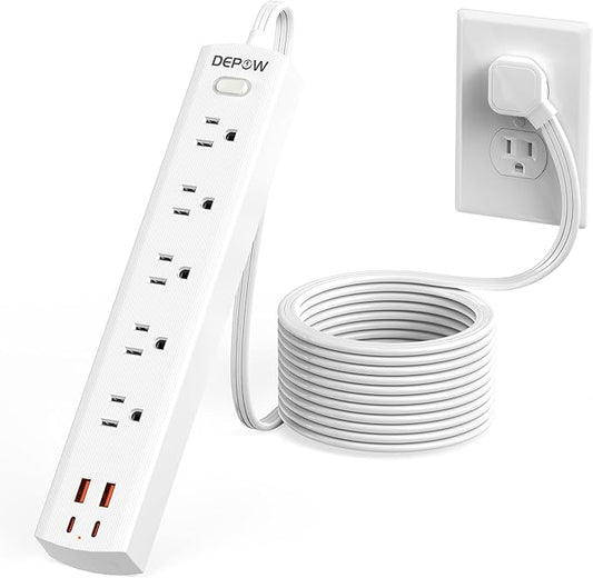 Power Strip Surge Protector with 5 AC Outlets(1625W/13A) 4 USB Ports (2 USB C), Ultra Thin Extension Cord, Low Profile Flat Plug, 1700 Joules, Wall Mount for Home Office, White，10 Ft