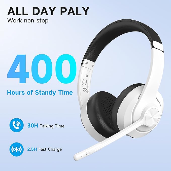 AOC Wireless Headset with Mic for Work with Noise Cancelling Mic for Clear Calls, 30H Playtime PC Bluetooth Headphones and Multipoint Connect to Laptop Computer and Mobile, Wired or USB Dongle- White