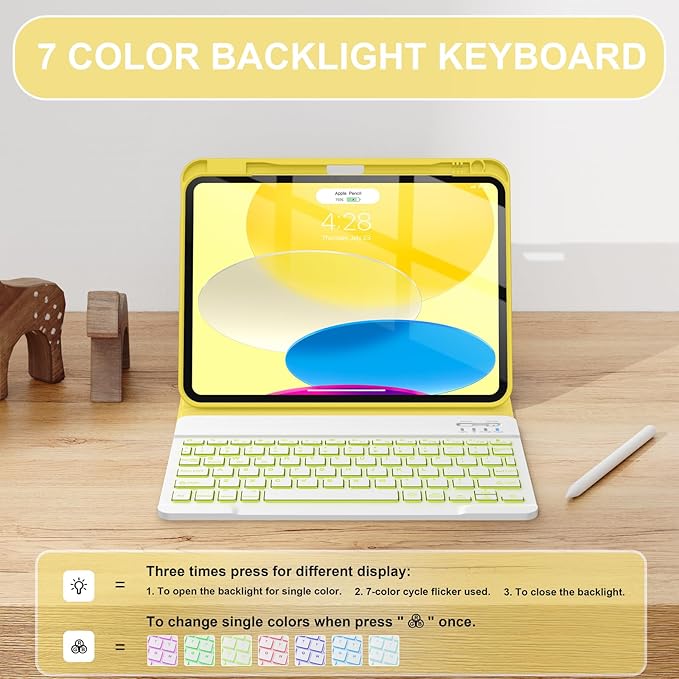 Soke for iPad (A16) 11th/10th Generation Case with Keyboard(2025/2022)-7 Color Backlight Wireless Detachable Folio Keyboard Cover with Built-in Pencil Holder for iPad 11/10.9 inch, Yellow Marble