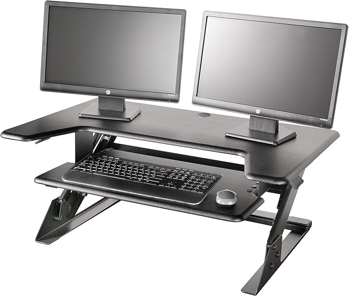 Kantek Standing Desk Converter, Adjustable Upto 20", Extra Wide Platform, Fits Dual Monitors, Sit to Stand Home Office Workstation, Grommet Hole, EZ Lift, Black
