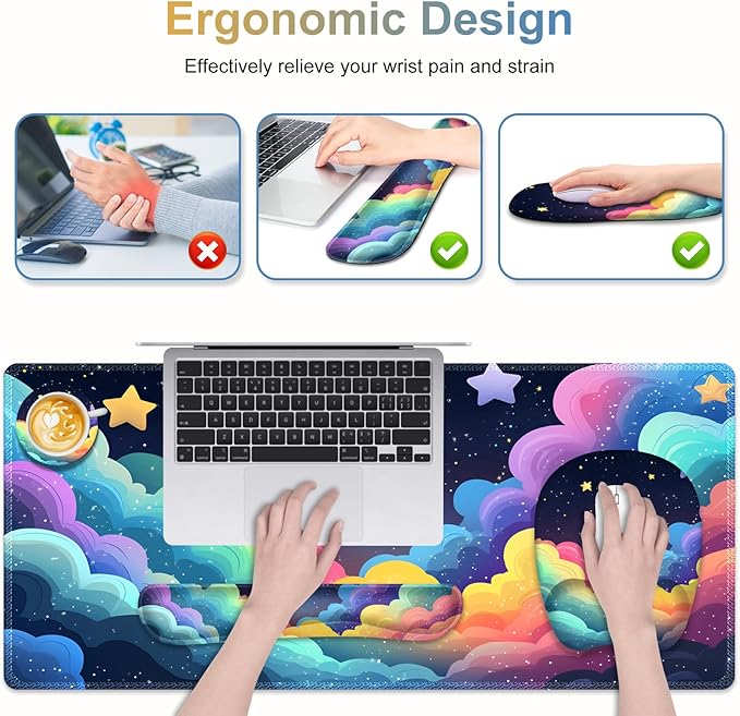 Mouse Pad with Wrist Support 4 in1 Set, XXL Big Game Mousepad + Keyboard Wrist Rest + Mouse Wrist Rest Pad +Coaster Gaming Mat for Home Office Work Computer Laptop I Colorful Clouds Starry Night