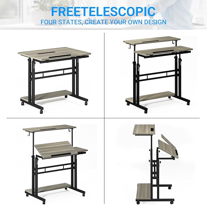 Panta Mobile Standing Desk, Adjustable Rolling Computer Desk with 3 Desktops, Portable Laptop Table with Cup Holder, Home Office Laptop Workstation on Lockable Wheels, Grey Oak