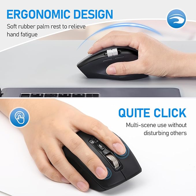 Wireless Bluetooth Side Scroll Mouse with Multi-Device, Ergonomic Computer Mice with Smart Flying Scroll, Quiet Click 4-Level DPI for Computer, Laptop, iPad, Tablet, MacBook (Black)