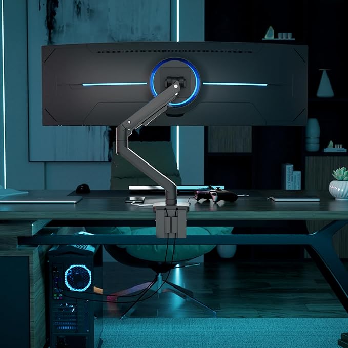 Mount-It! Proflex Series Heavy-Duty Monitor Desk Mount, Fits 17–49” Ultrawide Curved Screens, Full Motion Gas Spring Arm, 44 lbs Capacity, USB-C & USB 3.0 Ports, VESA 75/100, Clamp or Grommet Base
