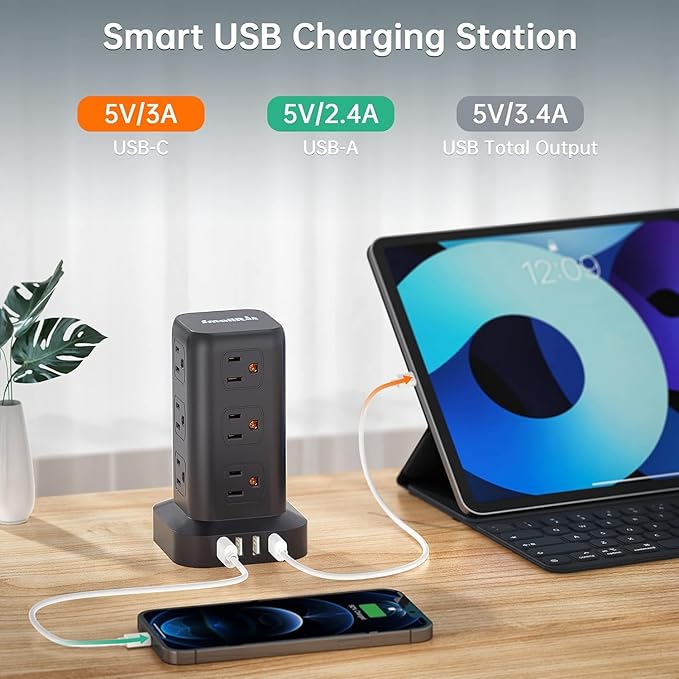 Extension Cord with Multiple Outlets, SMALLRT 2 Pcs Surge Protector Power Strip Tower, Outlet Extender with 12 AC Outlets 4 USB, 6.5FT Extension Cord for Home Office Dorm Room, Overload Protection