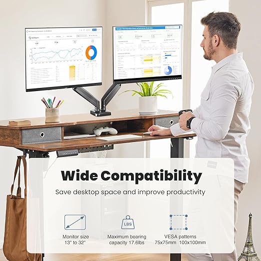 DUMOS Dual Monitor Stand for Desk, Gas Spring Monitor Arm for 2 Monitors Max 32 Inches, Fully Adjustable Double Monitor Mount, VESA Mount with C-Clamp/Grommet Base, Holds Screen 17.6 lbs
