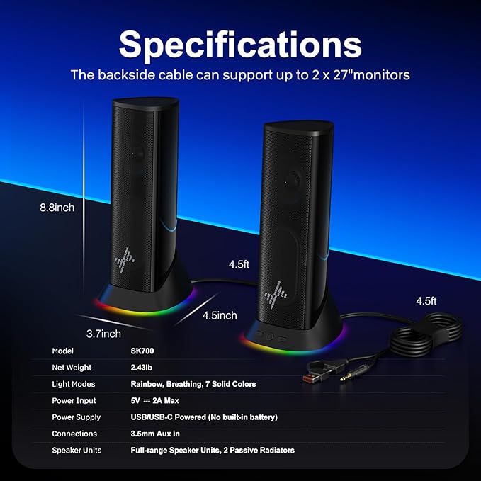 Nylavee Computer Speakers for Desktop PC, Immersive Sound with RGB Lights, USB/USB-C Powered & 3.5mm AUX-in Plug-and-Play Speakers for Monitor & Laptop