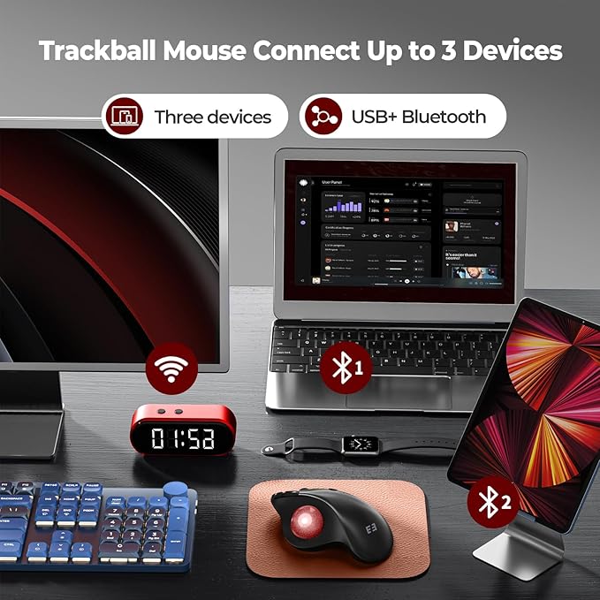 seenda Wireless Trackball Mouse, Bluetooth - Ergonomic Rollerball Mouse Rechargeable, 3 Device Connection Optical Mice Adjustable DPI Thumb Control Mice Compatible for Mac/Android/Windows - Black&Red
