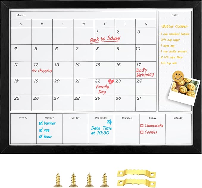 3-in-1 Wall Calendar Whiteboard, 17x13 Inch Magnetic Monthly & Weekly Dry Erase Board with Black Wood Frame, Ideal for Office, Kitchen & Family Planning(DH-3in1-3343)