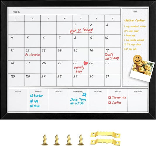 3-in-1 Wall Calendar Whiteboard, 17x13 Inch Magnetic Monthly & Weekly Dry Erase Board with Black Wood Frame, Ideal for Office, Kitchen & Family Planning(DH-3in1-3343)