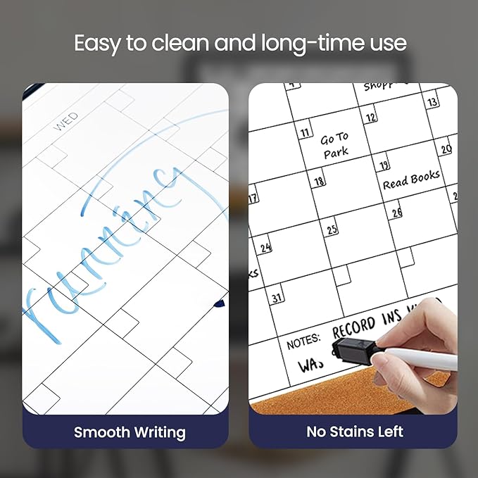 Dry Erase Calendar Cork Board Combo, 18 x 24 Inches Monthly Calendar Whiteboard for Wall, Magnetic White Board with Aluminium Alloy Frame, Hanging Dry Erase Board for Planner Office Kitchen Home Memo