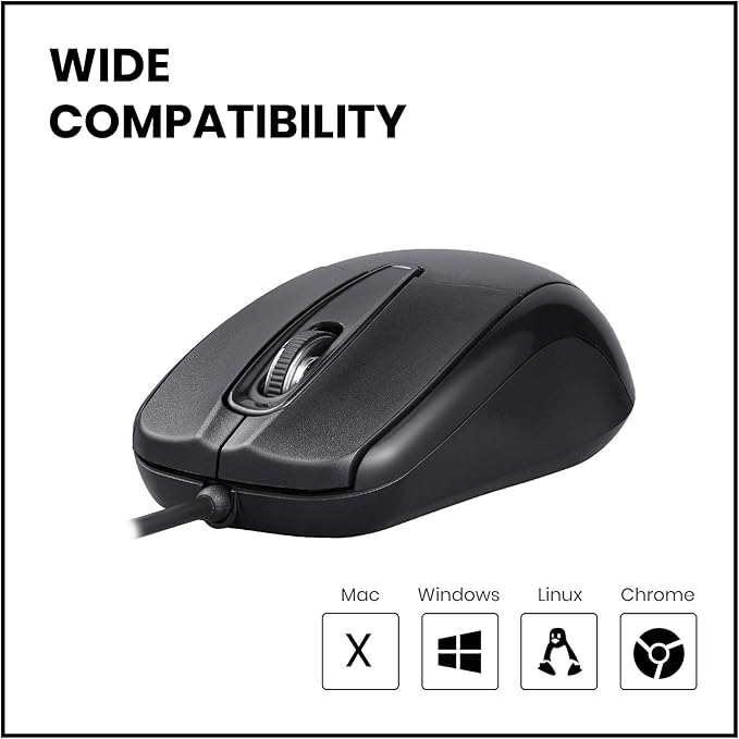 Perixx PERIMICE-209 3 Button USB Wired Mouse - Optical - 1000 DPI - 5.9 Ft Cable - Black
