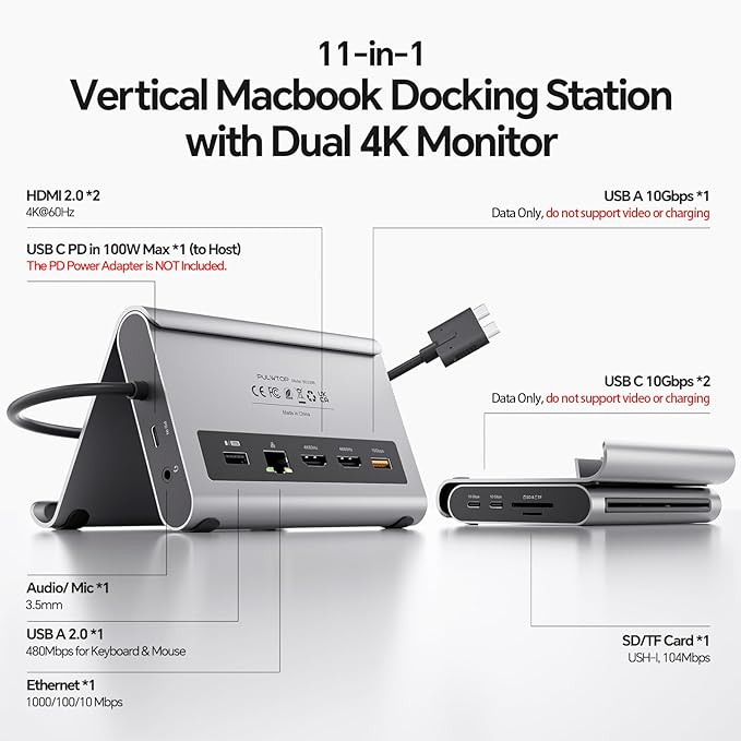 MacBook Pro Docking Station Dual Monitor 4K@60Hz for MacBook Pro/Air M3 Pro/M4/M5, PULWTOP USB C Docking Station Stand Laptop Dock with 2 HDMI, PD, Ethernet, USB A/C 10Gbps, Audio, SD/TF, USB 2.0