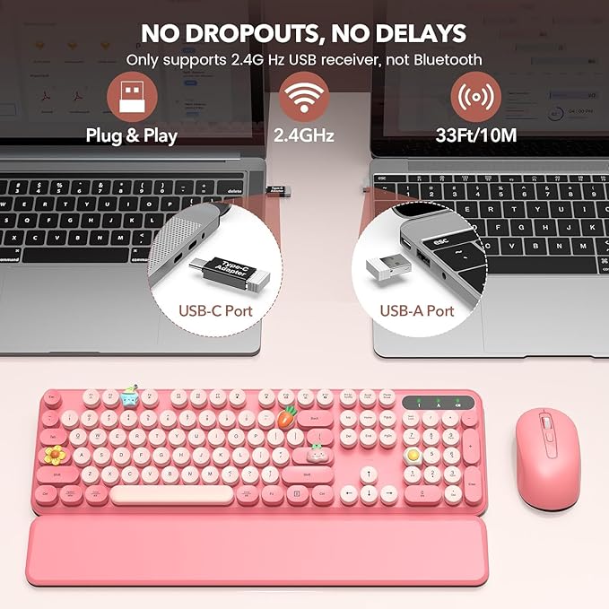 Wireless Keyboard and Mouse Combo, Cute Full-Size Retro Typewriter Keyboard with Round Keycaps, Magnetic Wrist Rest, Tilt Legs, 2.4GHz Cordless for Mac, Windows PC, Laptop, SABLUTE CK23, Baby Pink