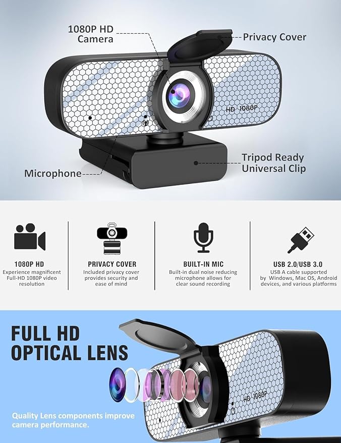 1080P HD Webcam with Built-in Microphone, Rotatable Tripod, Wide-Angle Lens,Privacy Cover, Auto Light Correction, Plug & Play USB-A Webcam for Laptop, Desktop, PC, Streaming-White