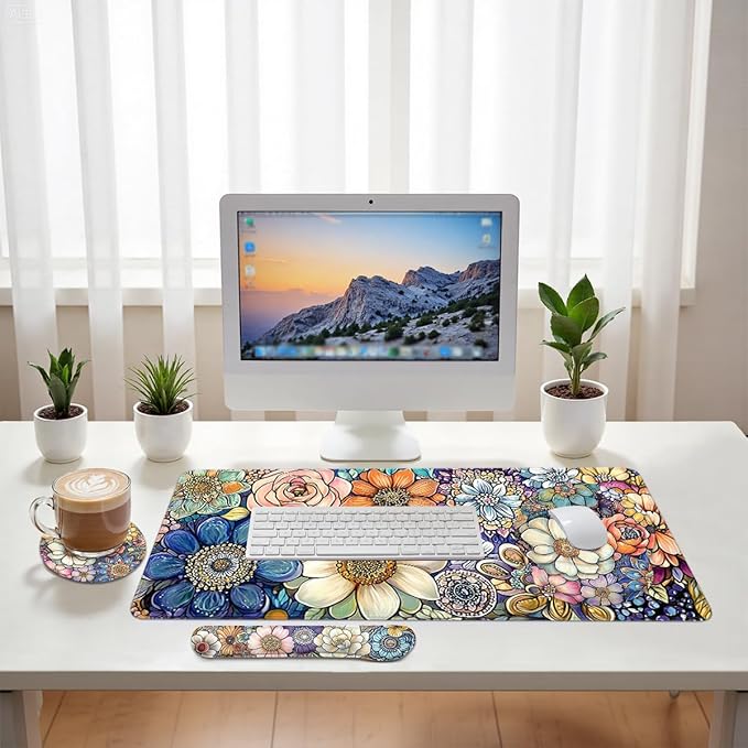 Flowers Mouse Pad Set Colorful Abstract Floral Pattern Gaming Mousepad 4in1 Desk Mat for Desktop Wrist Support Cup Coaster Set Ergonomic Computer Desk Arm Wrist for Decor Home Office